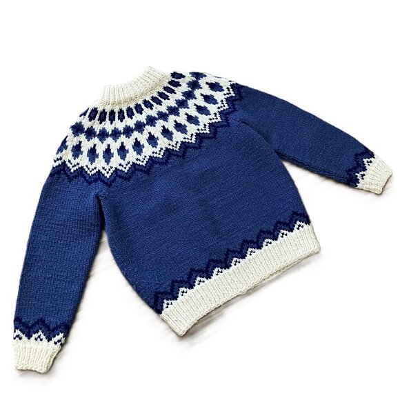 Vintage Hand Knit Fair Isle Cardigan Sweater Blue/Cream Acrylic Women's Medium - Picture 6 of 6